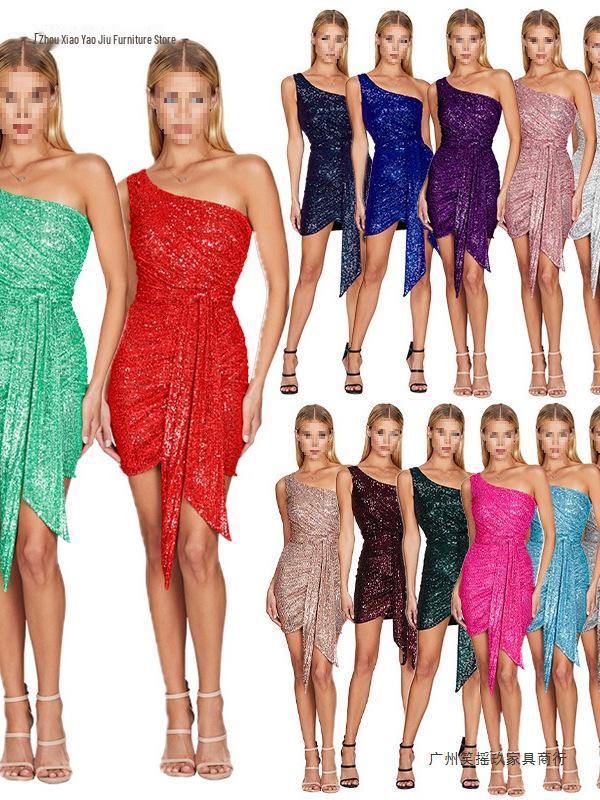 Women's One-Shoulder Sequin Bodycon Dress - Sweet and Spicy Style