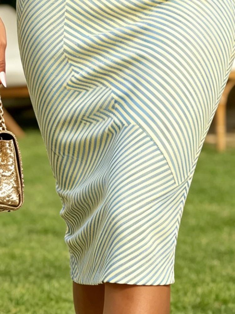 Summer Women's One Shoulder Midi Dress Diagonal Stripe Print Light Blue Yellow Bodycon Sundress