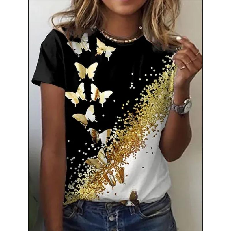 2024 Summer Fashion Short-sleeved Tops New O-neck 3d Butterfly Print T-shirt Women's T-shirt Plus Size Summer Tops for Women
