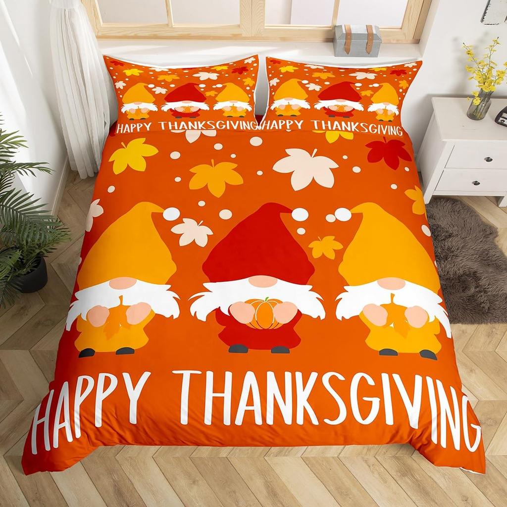 Cartoon Dwarf Dwarf Duvet Cover Queen for Kids Girls,Fall Leaves Pumpkin Bedding Set Autumn Gnome Turkey Maple Leaf Quilt Cover