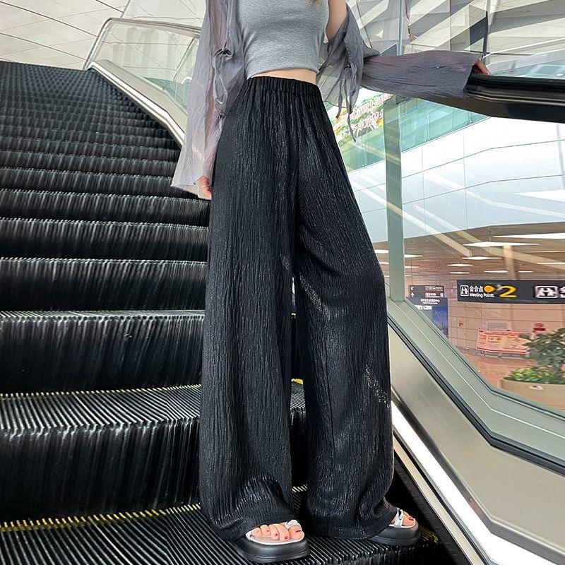 

2026 Women s High-Waisted Ice Silk Wide-Leg Pants - Summer Casual Loose Straight Drape Trousers S for 96-105 lbs чёрный