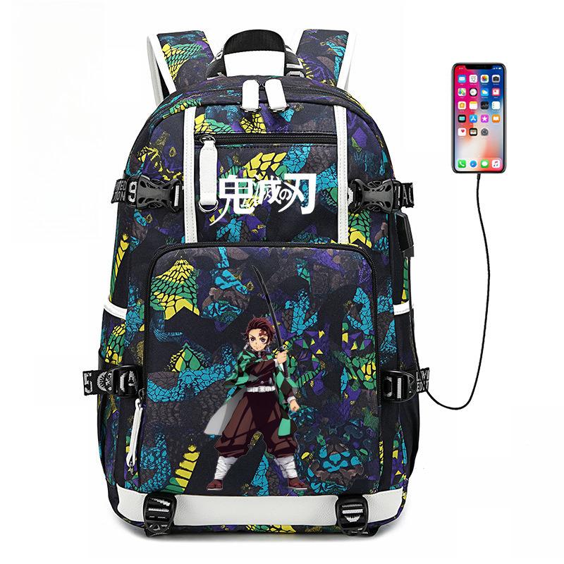 Japon dessin animé bande dessinée Demon Slayer Sac à dos élégant avec interface USB et grande capacité 0005