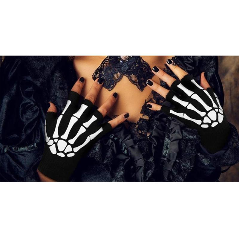 Unisex Half Finger Skull and Bones Halloween Gloves Glowing Fingerless Gloves for Winter Use