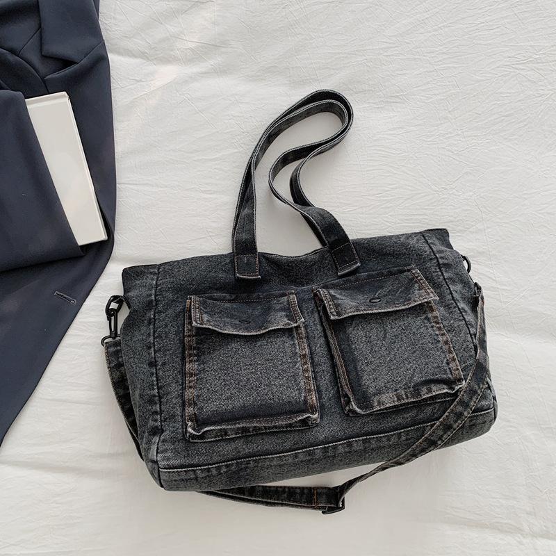 

Vintage Double-pocket Denim Shoulder Bags for Women Casual Large Capacity Ladies Tote Lightweight Student Class Crossbody Bag чёрный