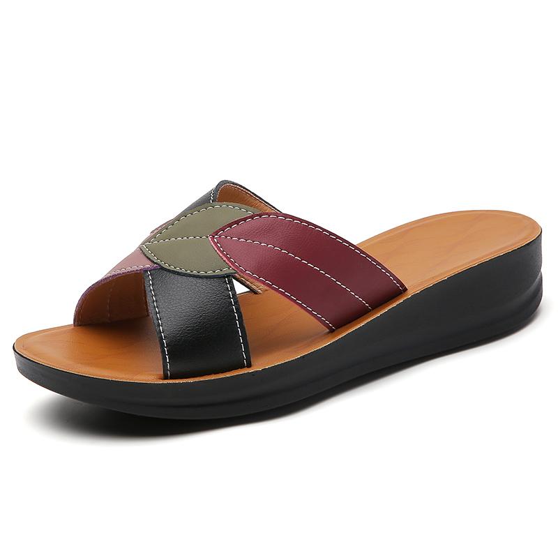 Summer Women Sandals Leather Slope Heel Home Slippers Comfortable Mom Shoes Casual Indoor Outdoor