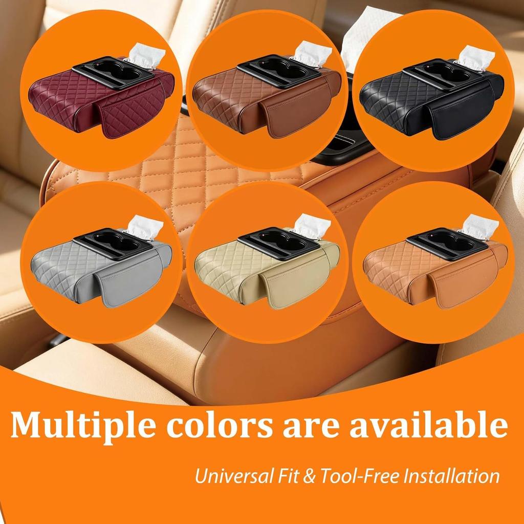 Multifunctional Pu Leather Car Armrest Box Mat with Cup Holders &Tissue Box Slot&Phone Slot