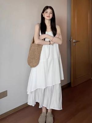 White Vest Skirt Women's Summer New French Loose Design Medium and Long Irregular Suspender Dress