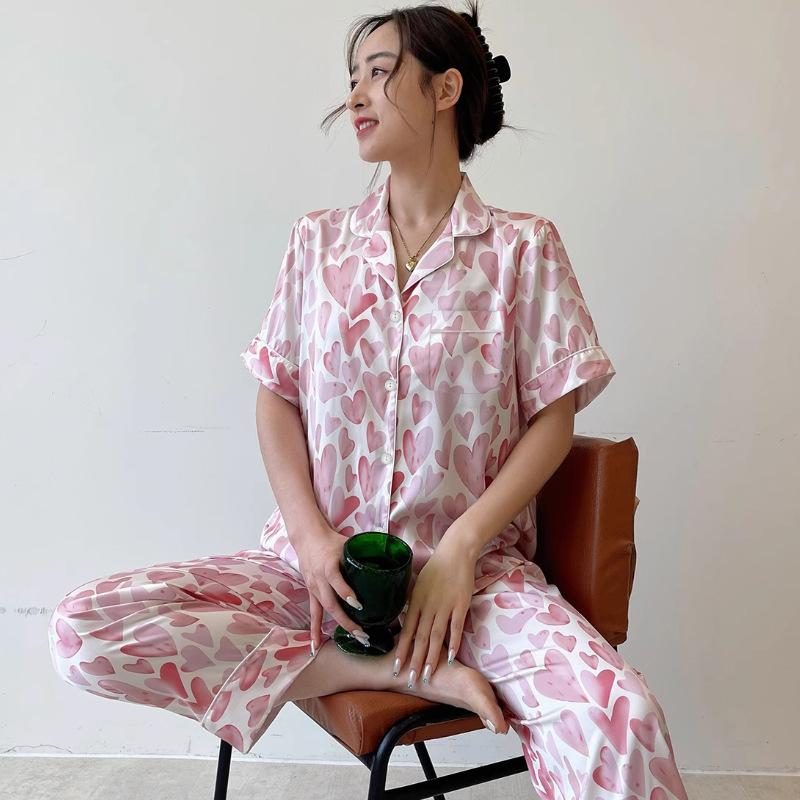 Spring And Summer Pajamas Are Cold And Silky, Short-Sleeved Trousers Can Be Worn Outside, Love Petal Loungewear