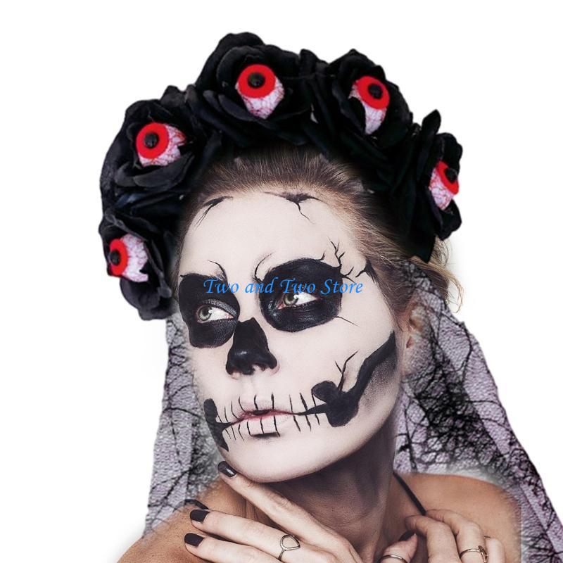 HX6F Gothic Witch Rose Hair Hoop Halloween Decorative Veil Role Play Costume Proms Party Live Show Headwear