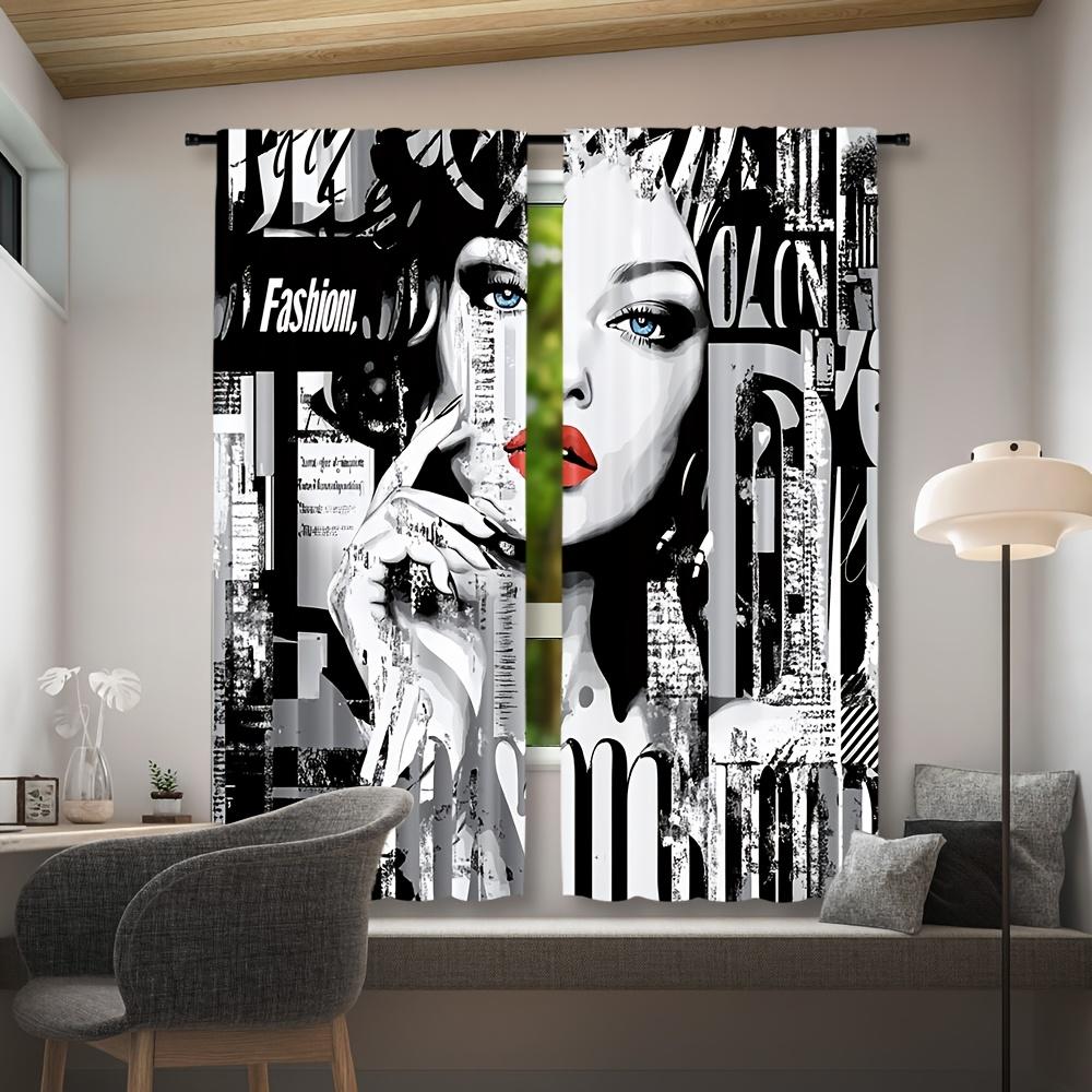 2pcs Fashion Woman Portrait Curtains Modern Art Print Blue Eyes Red Lips Abstract Design Polyester Window Drapes for Living Room