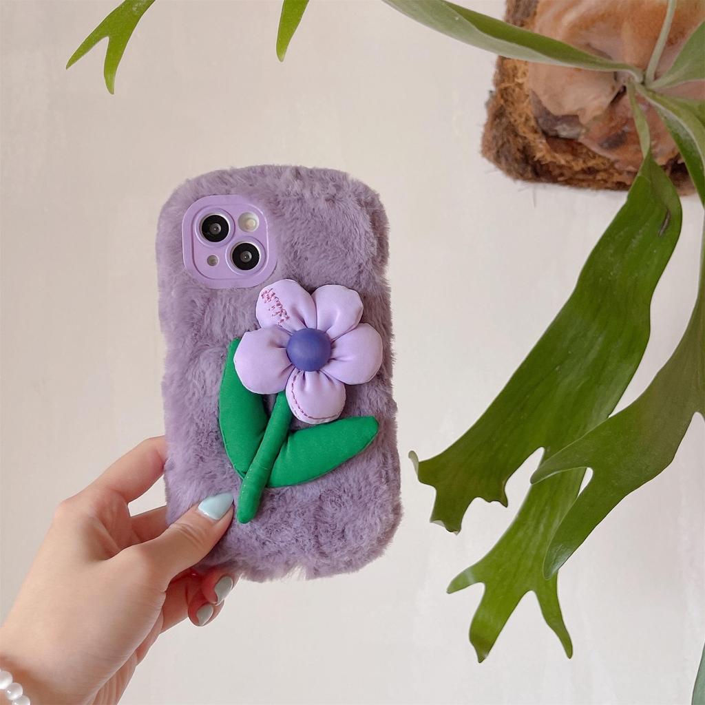 Plush 3D Flower Phone Case for iPhone 13/14/15 Pro Max - Cute Autumn/Winter Design