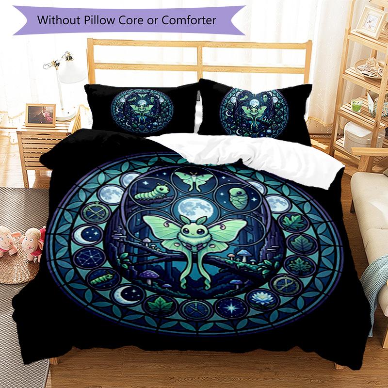 Moonlit Moth Fantasy Pattern Bedding,Quilt Set Quilt Cover Pillowcase Home Birthday Gift (1*duvet cover+2*pillowcase,without core)