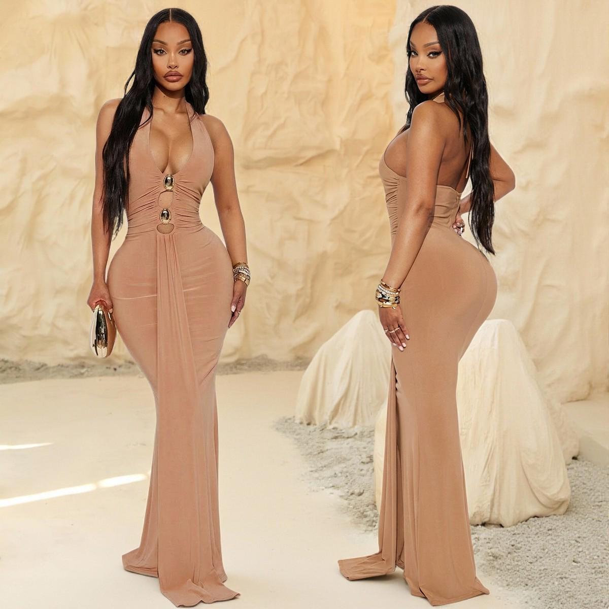

European-Style Spicy Halter Backless Dress with Metal Waist Decoration, Cinched Hips, Long Slit, Sexy Evening Gown Extra Large абрикосовый
