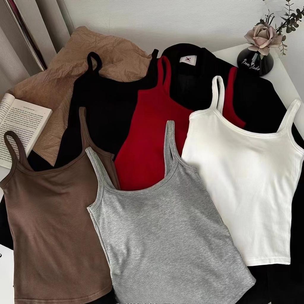 Autumn and Winter Brushed Camisole Thickened Warm Vest Women's Fixed Cup Chest Cushion Versatile Slim Fit Solid Color Top for Wearing Outside