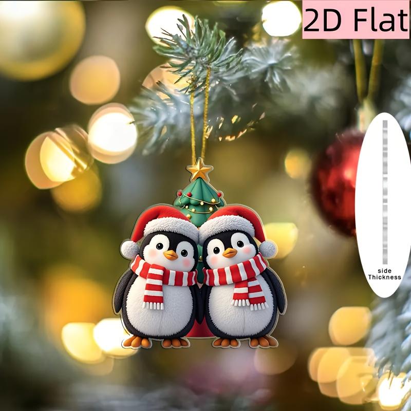 

2D Flat, 1pc Cute Penguin Christmas Tree Ornament - 2D Flat Acrylic Hanging Decoration with Two Penguins in Santa Hats & Scarves, Red & Green Holiday 1pc
