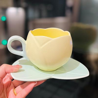 Ceramic Coffee Mugs Cocoa Tea Cups Stylish Coffee Mugs Pink Tulip Design Birthday Gift Ceramic Latte Coffee Cup With a Plate