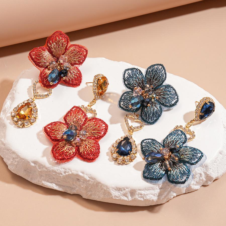 Retro fabric diamond-set asymmetrical flower water drop silver needle earrings European and American fashion elegant temperament high-end earrings