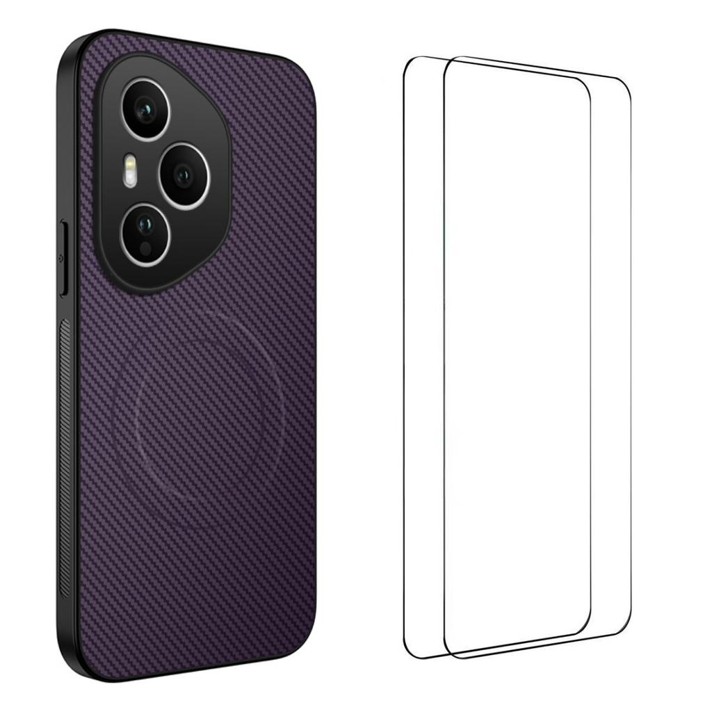 For Honor 400 Pro 5G (Global) Magnetic Case WANLONFENG TQ1 Series Carbon Fiber Texture PC TPU Phone Cover with 2Pcs Screen Films