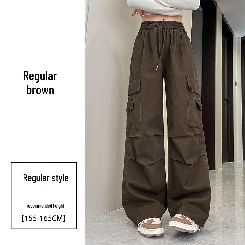 Damen High-Waist Retro Washed Baumwolle Cargohose, Lockeres Gerades Bein, Bodenlang, Aufgeschlagener Weiter Beinabschluss, Frühling Schlankmachender Stil.