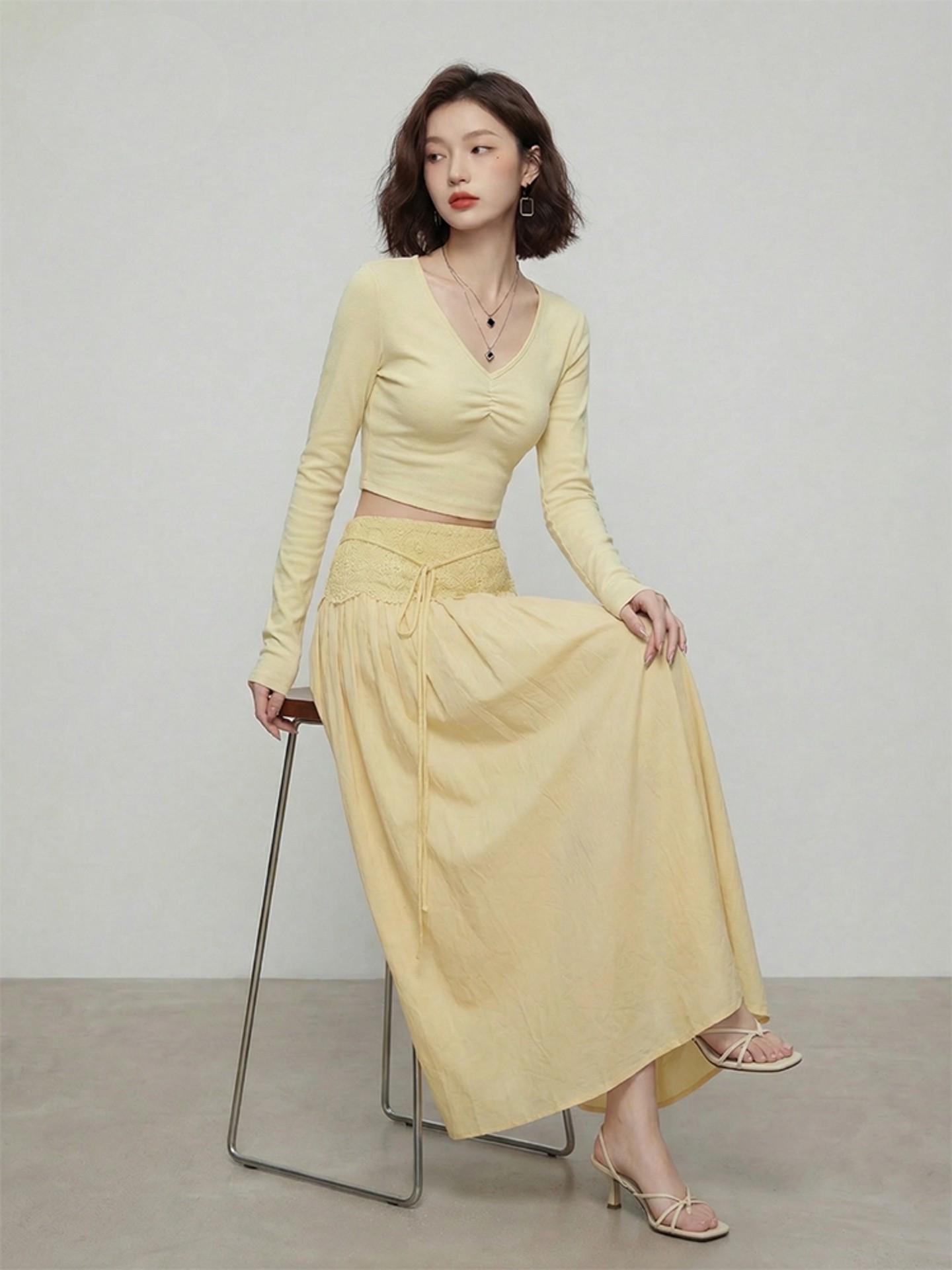 Gentle Lace Splicing Long Dress Two-Piece Set - Women s 2026 Spring Waist-Cinching Slim Fit Design S