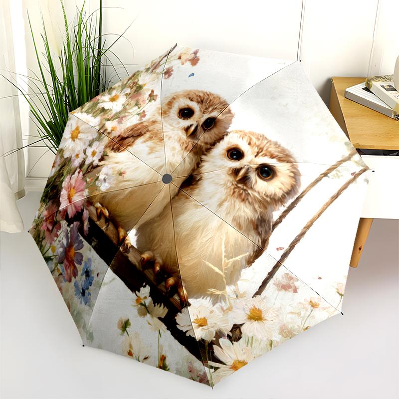 Owl and Flower pattern, automatic folding umbrella, portable and foldable design, 8 ribs, a Christmas or birthday gift.