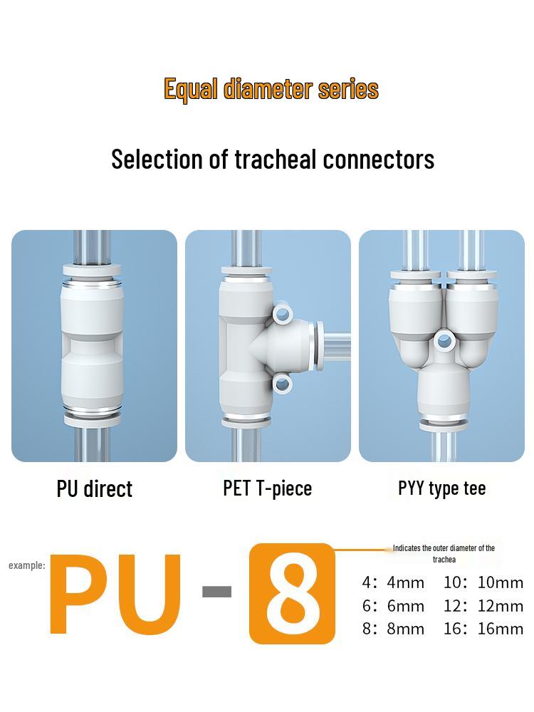 T-Type Pneumatic Quick Connect Fitting, 3-Way, PU Sizes 4-16mm