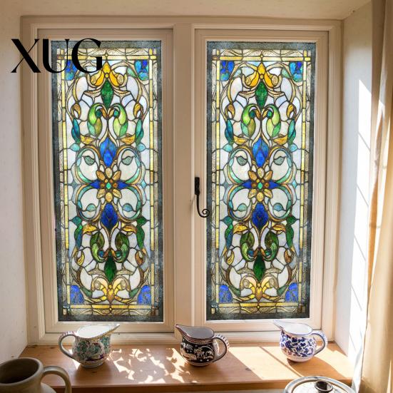 Waterproof Window Decal Privacy Film Vintage Stained Glass Style Static Cling Reusable Decorative Sticker for Cabinet Bathroom Kitchen Door