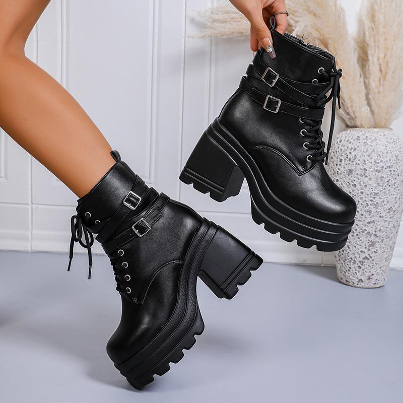 Women's Gothic Platform Chunky High Heel Ankle Boots Black Buckle Strap Lace Up Zipper Motorcycle Boots Woman Punk Style Shoes