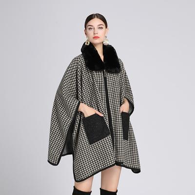 Winter Damen Schal Cape Große Größe Tausend Vogel Karo Pelzkragen Schal Cape Lose Tweed Jacke