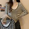 Plus Size Women's Striped Knitted Sweater with Long Sleeves - Slimming Two-Piece Look
