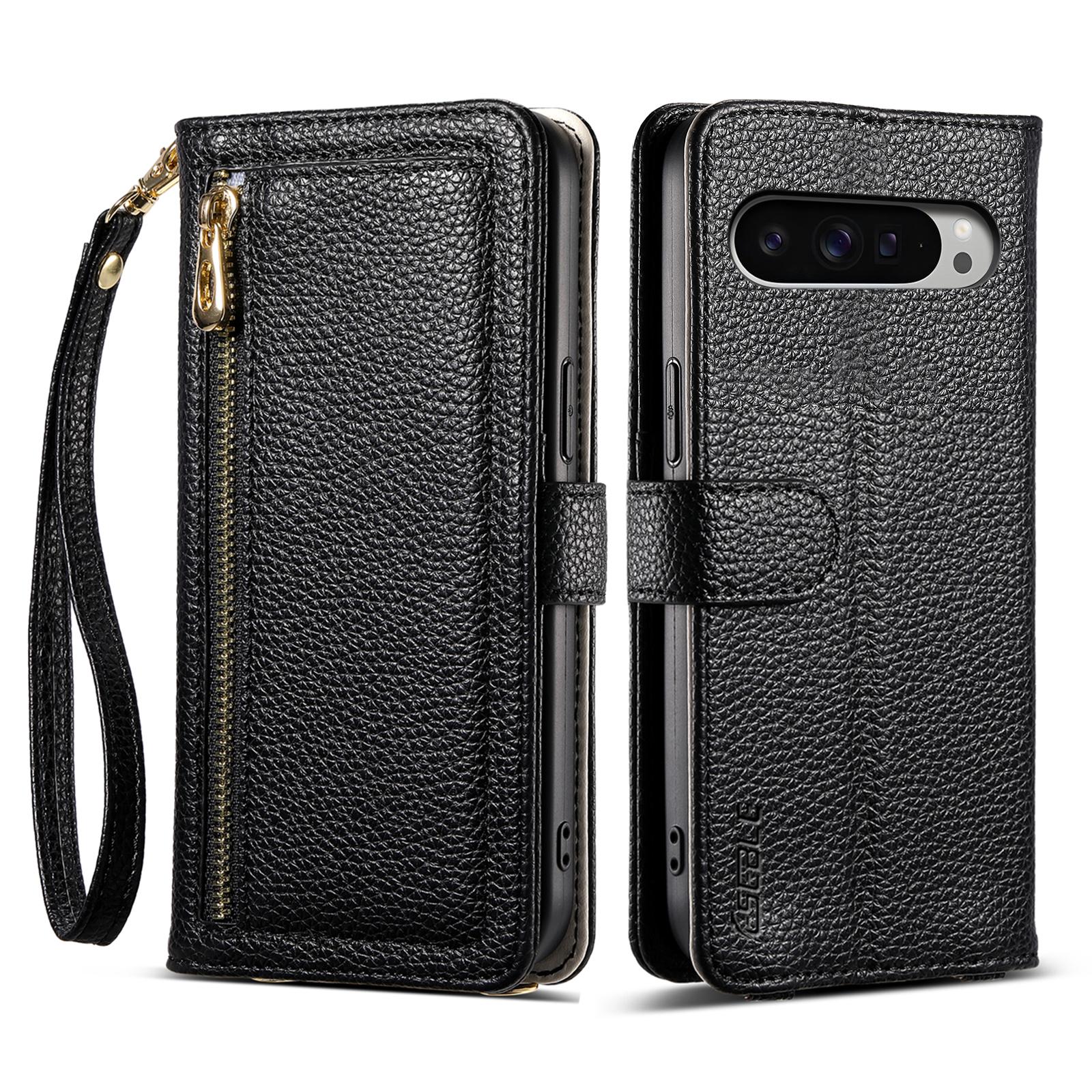 

ESEBLE E11 For Google Pixel 9 Pro XL Case Zipper Pocket Litchi Texture Leather Phone Cover with Mirror and Wrist Strap Black