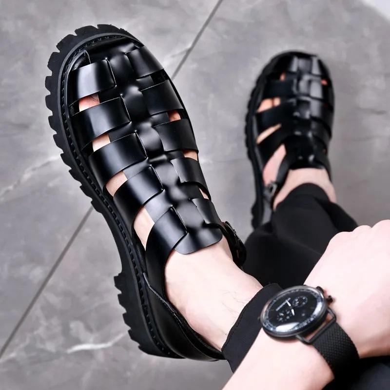 Fashion New Designer Platform Sandals for Men 2025 Summer Buckle Leather Dress Sandal Shoes Man Big Size Black  Sandalias Hombre