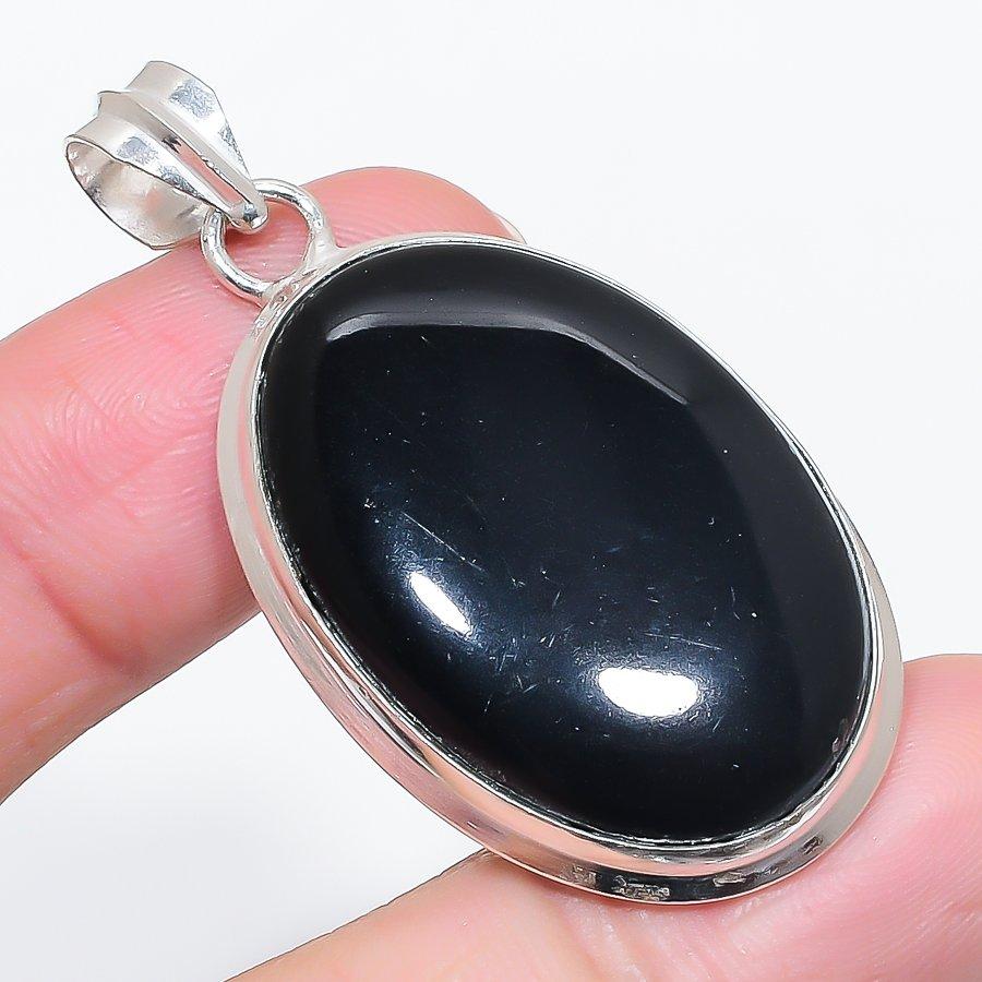 Natural Black Onyx Gemstone 925 Sterling Silver Jewelry Pendant 2.05" l6t96