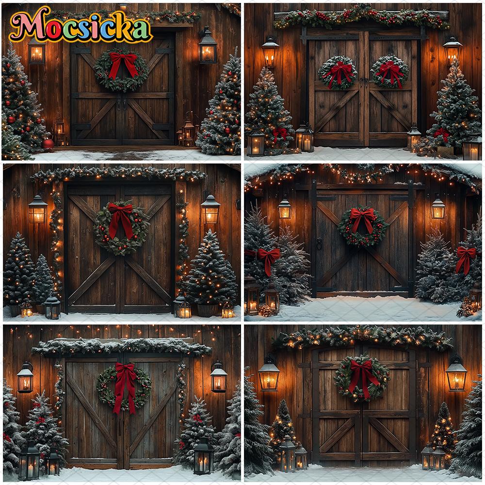Mocsicka Photography Background Christmas Decor Photo Backdrop Green Xmas Tree Vintage Wooden House Door Pattern Shooting Banner