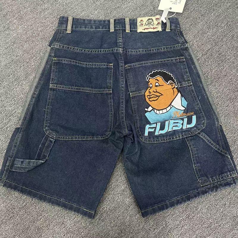 

Мужские джинсовые шорты RogueWave Y2K Харадзюку Хип-хоп Мультяшная вышивка Синие Мешковатые Джинсовые Повседневные Шорты до колена 3XL