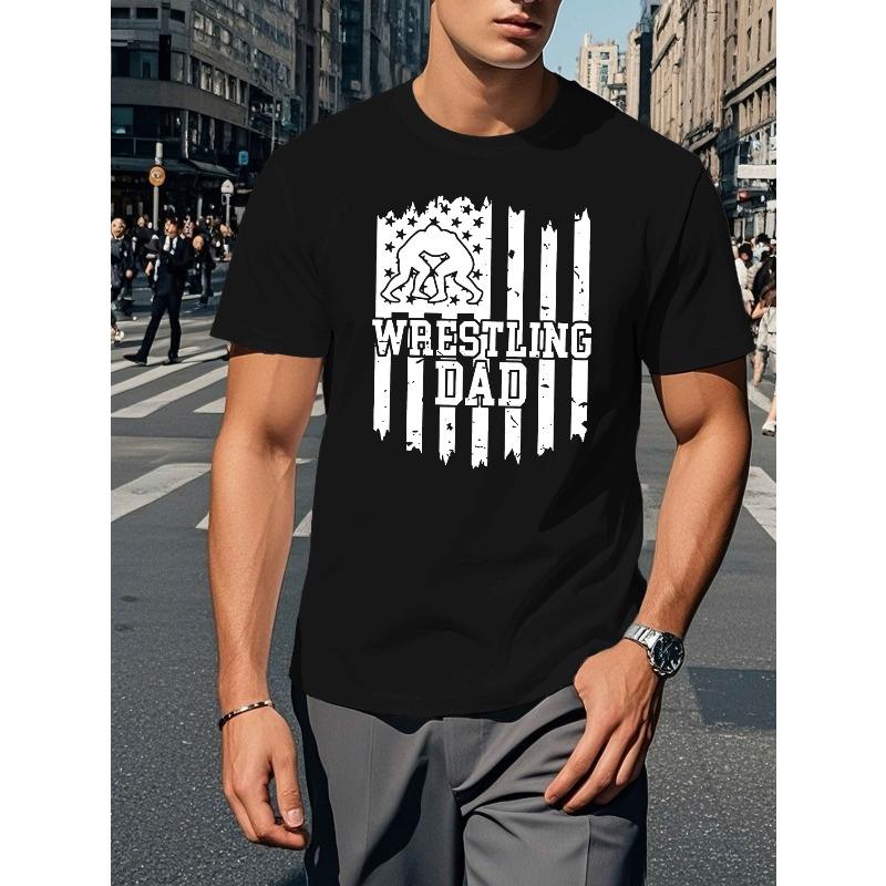 

European Size Men S Casual Crew Neck T-Shirt, Knit Fabric, Geometric Wrestling Dad Graphic Tee, Regular Fit, Slight Stretch, Summer Top - 150g/m² 4XL чорний