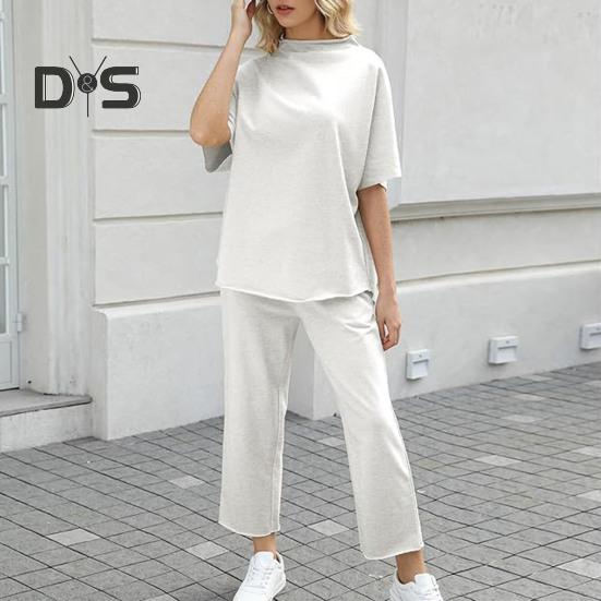 2 ks/sada Dámske Top nohavice Súprava Polovysoký golier Blúzka so širokými nohavicami Elastický pás Nohavice s vreckami Voľný outfit na voľný čas