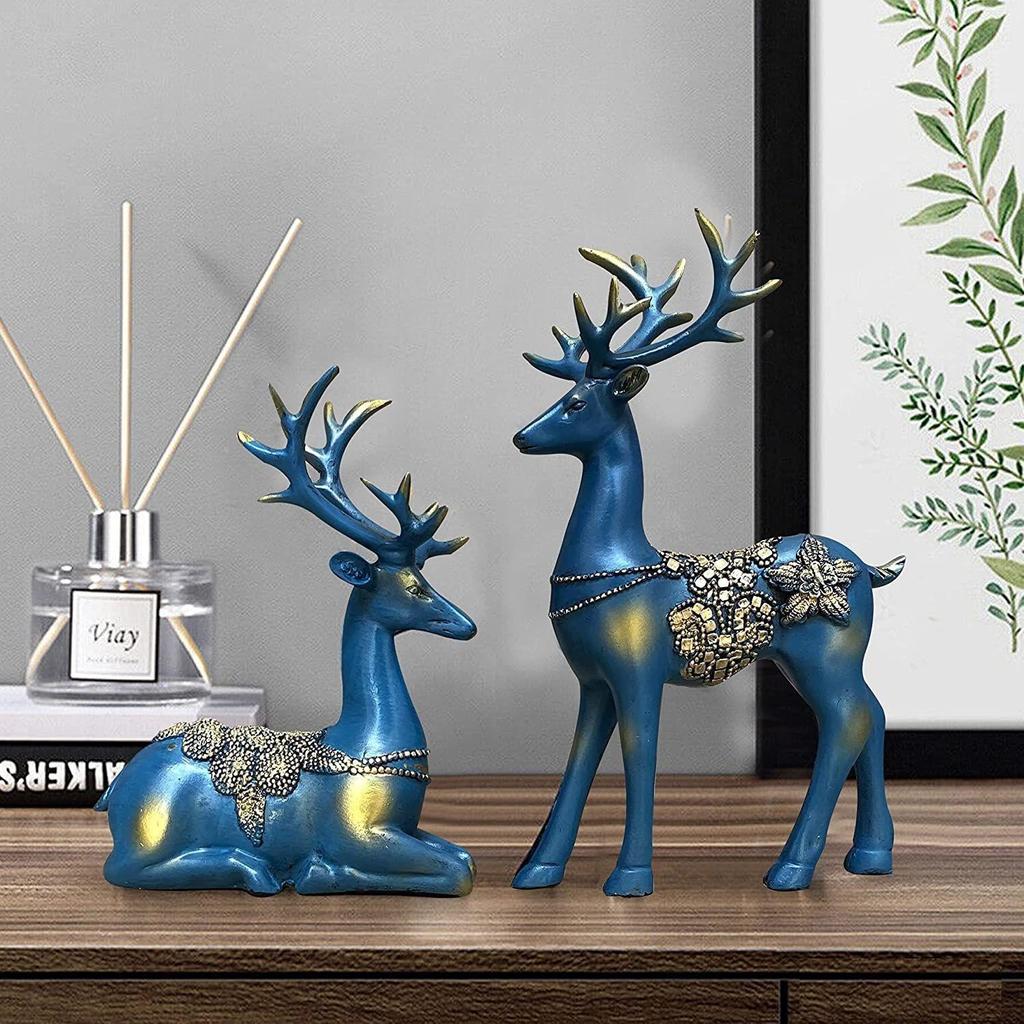 Creative Resin Golden Reindeer Sculptures | Beautiful Home Decor | Lifts Up Energy of Your Room - (Pack of 2, Blue)