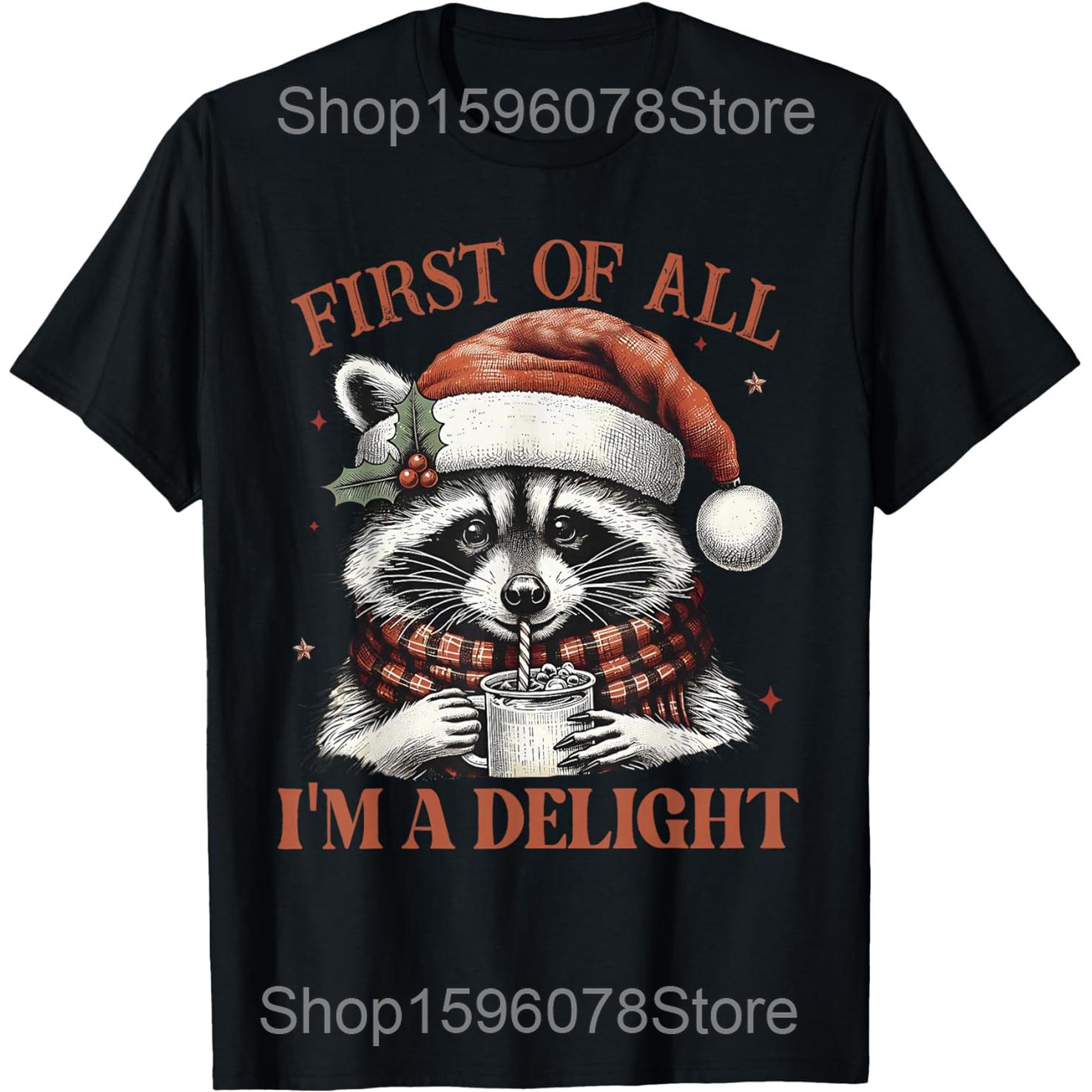 Raccoon Christmas Tree Lights Racoon Lover Xmas T Shirts Men Humor Streetwear Tee Shirt Short Sleeve Unisex Loose Clothing S