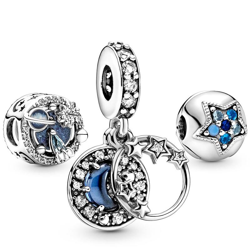 3pcs /Lot Blue Enamel Globe Charms Beads Star Pendant Fit Diy Brand Charm Bracelets Necklaces For Women Fashion Jewelry Making