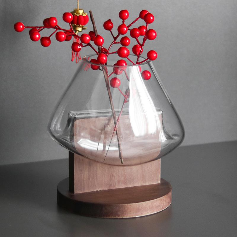 Geometric Transparent Glass Vase, Living Room Decoration, Wooden Base, Glass Container, Flower Arrangement, Home Decoration