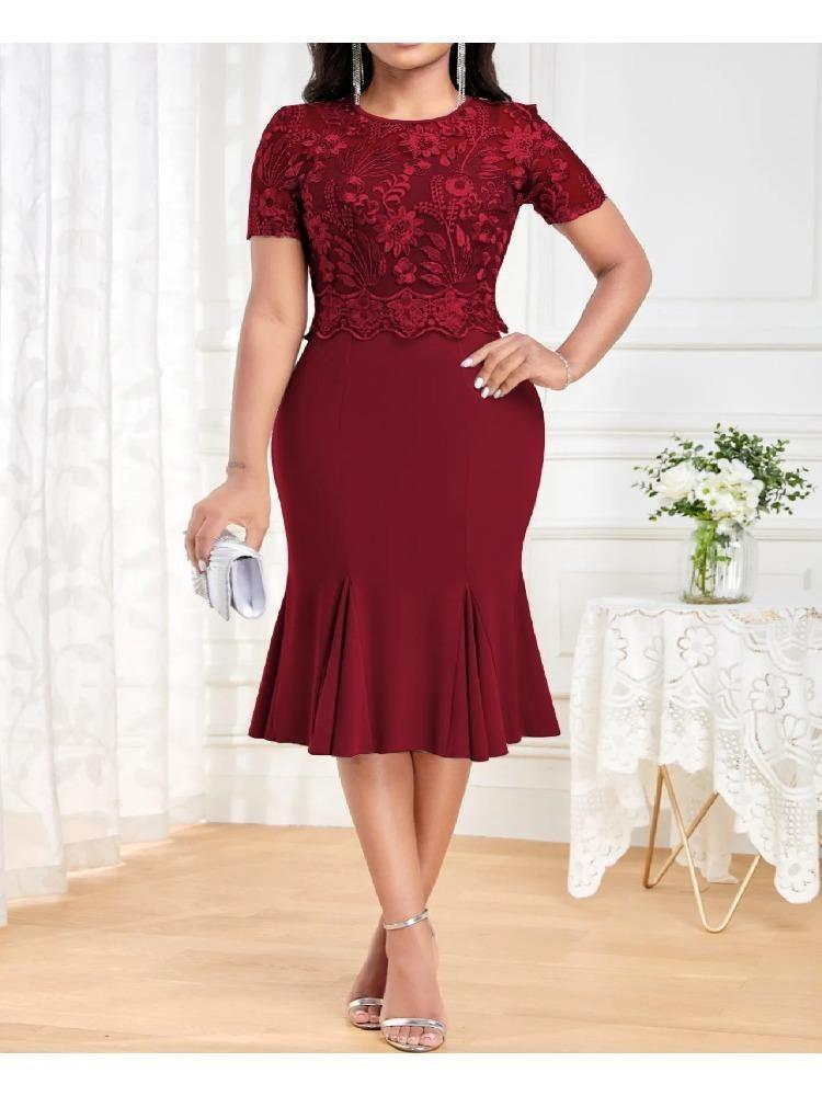 Elegant Plus Size Party Dress Women Lace Splice High Waist Fishtail Dress Sexy Round Neck Short Sleeve