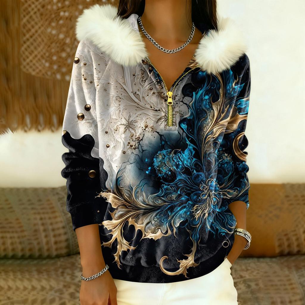 Damska luźna i wygodna codzienna moda bluza z kapturem z krótkim zamkiem błyskawicznym i długim rękawem z konwencjonalnym nadrukiem