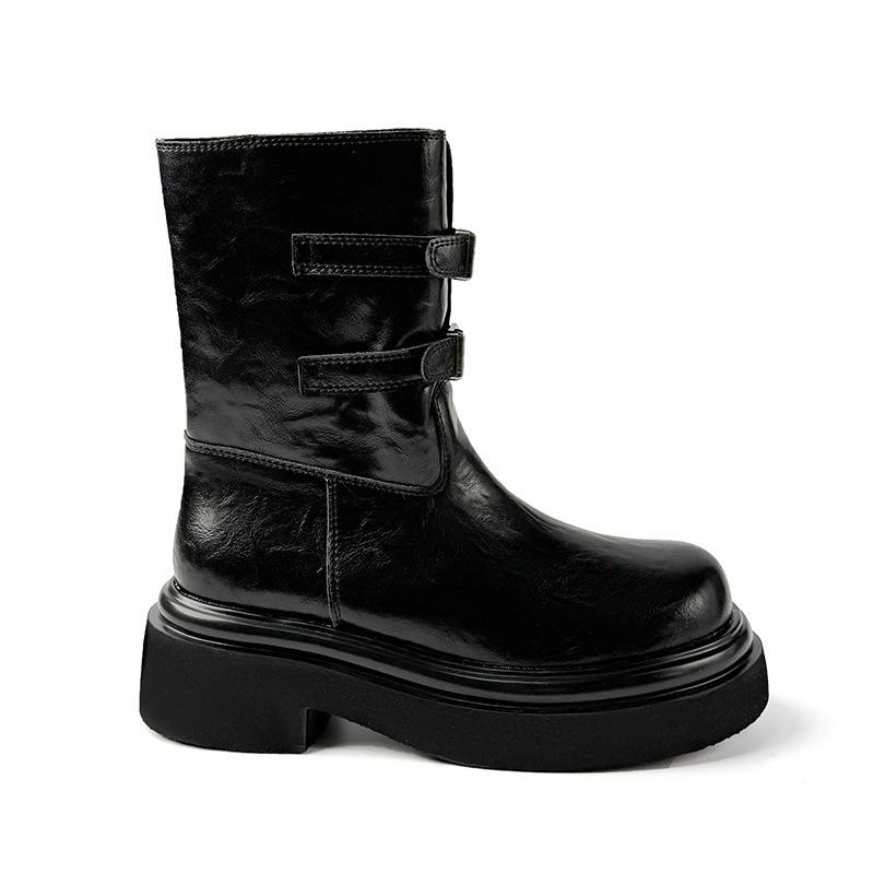 Cowhide~ Martin Boots Women's Autumn and Winter British Women's Leather Boots Thick-soled Versatile Knight Boots Chelsea Short Boots Medium Boots