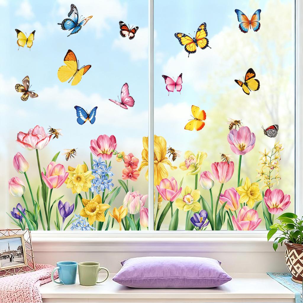 Spring Butterfly Tulips Flower Bird Static Cling Window Stickers for Bedroom Living Room Home Decoration