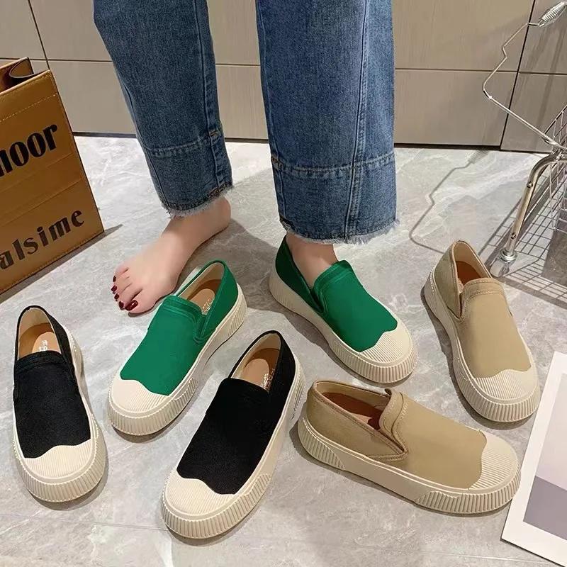 Thick Soled Canvas Biscuit Shoes Loafer Shoes for Women's Design Sense Board Shoes Color Matching Slip On Flats Casual Loafers
