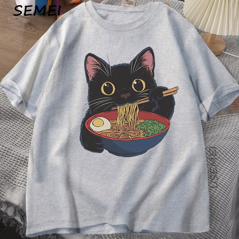 Ramen Katt T-shirt Kattälskare T-shirt Kawaii Tecknad Bomull Kortärmad T-shirts Barnkläder T-shirt Toppar