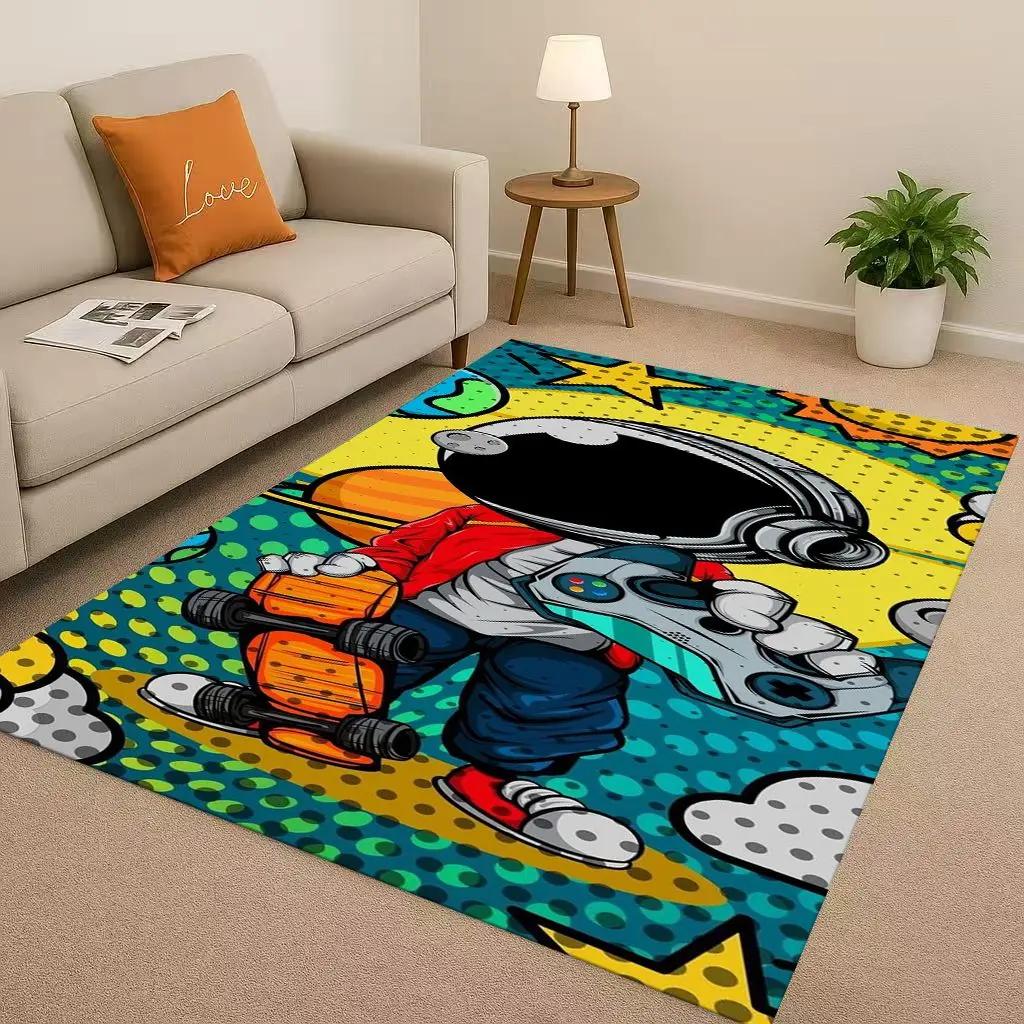 3D Cartoon Astronaut Spaceman Planet Living Room Non-Slip Area Rug Carpet for Bedroom Playroom Sofa,Home Decor Doormat Christmas