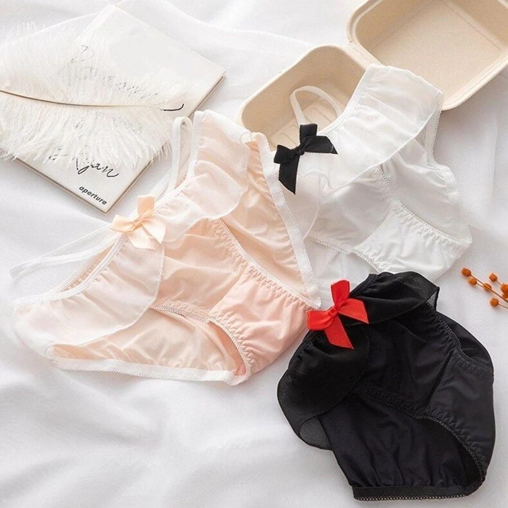 Solid Colors Girls Fitness Bow Ice Silk Low-Rise Thong Female Lingerie Underwear Lolita Panties