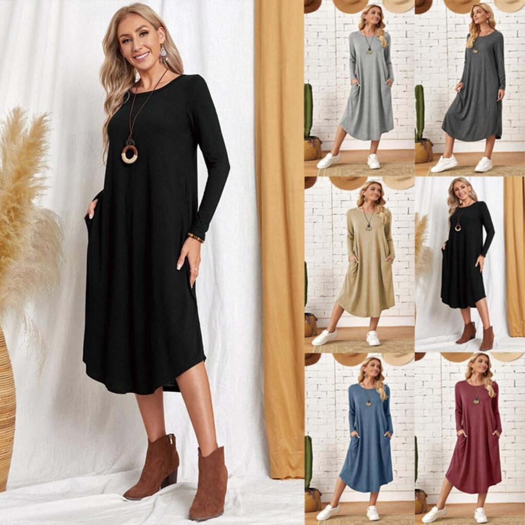 Fall Winter New European American Women's Clothing Solid Color Knit Loose Dress With Side Seam Pockets Curved Hem